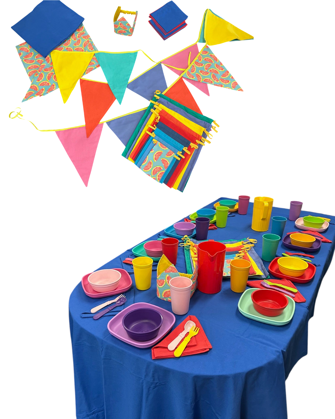 Reusable Party Kit for 10: A bundle of eco-friendly, reusable party essentials including 10 reusable plates, bowls, cups, forks, spoons and fabric napkins; 2 jugs; 1 fabric tablecloth, party bunting, a birthday child's party crown
and pass the parc