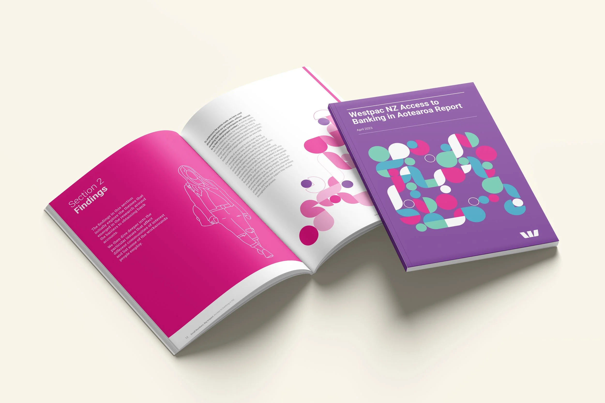 Open report titled 'Westpac NZ Access to Banking in Aotearoa Report' with a purple cover featuring colorful abstract circles, alongside an open booklet showing a pink page with a line drawing of a woman and text that reads 'Section 2 Findings' and a white page with pink and purple circles.
