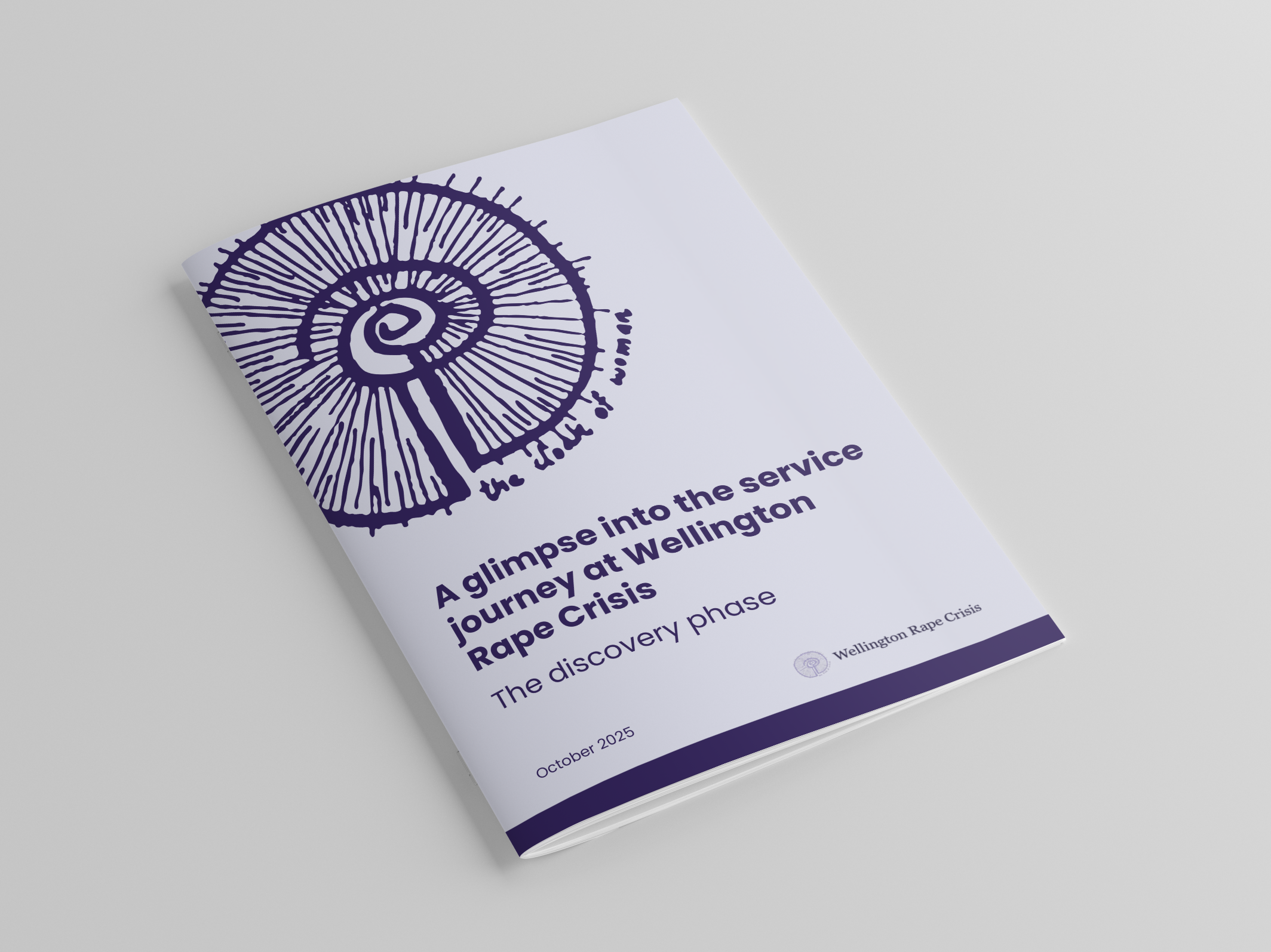 Brochure titled 'A glimpse into the service journey at Wellington during the Rape Crisis', featuring a purple spiral logo and the subtitle, 'The discovery phase,' dated October 2025, from Wellington Rape Crisis.