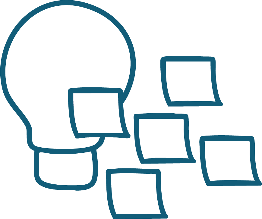 Line drawing of a light bulb with four sticky notes surrounding it, one of which is on the light bulb.