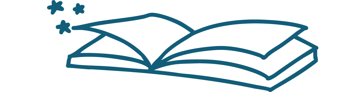 Open book with stars above it, depicted in a simple line drawing style.