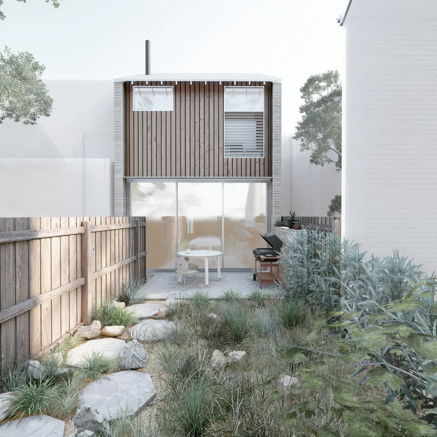 Bunkered within a streetscape of double-storey terraces, form is beginning to be explored in our North Melbourne collaboration.

Full-height brick pillar walls tie the new works to the adjoining existing homes. At ground level, floor-to-ceiling glazi