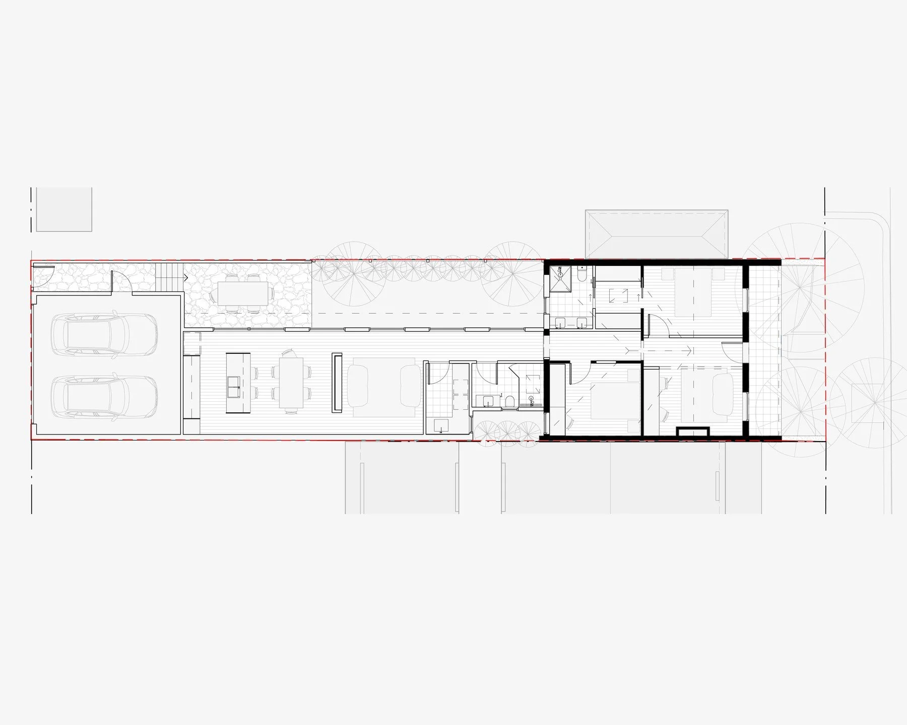 This concept design stage experiments with scale and landscape connection, while maintaining a critical flow and connection to the existing dwelling.

At ground level, the design explores a modest galley-style extension, where a glazed corridor opens