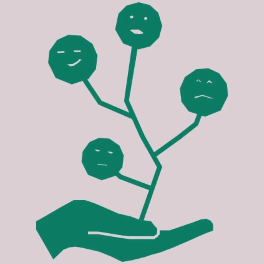 A stylized illustration of a hand holding a plant with dark green, polygonal leaves, each with facial expressions showing different emotions.