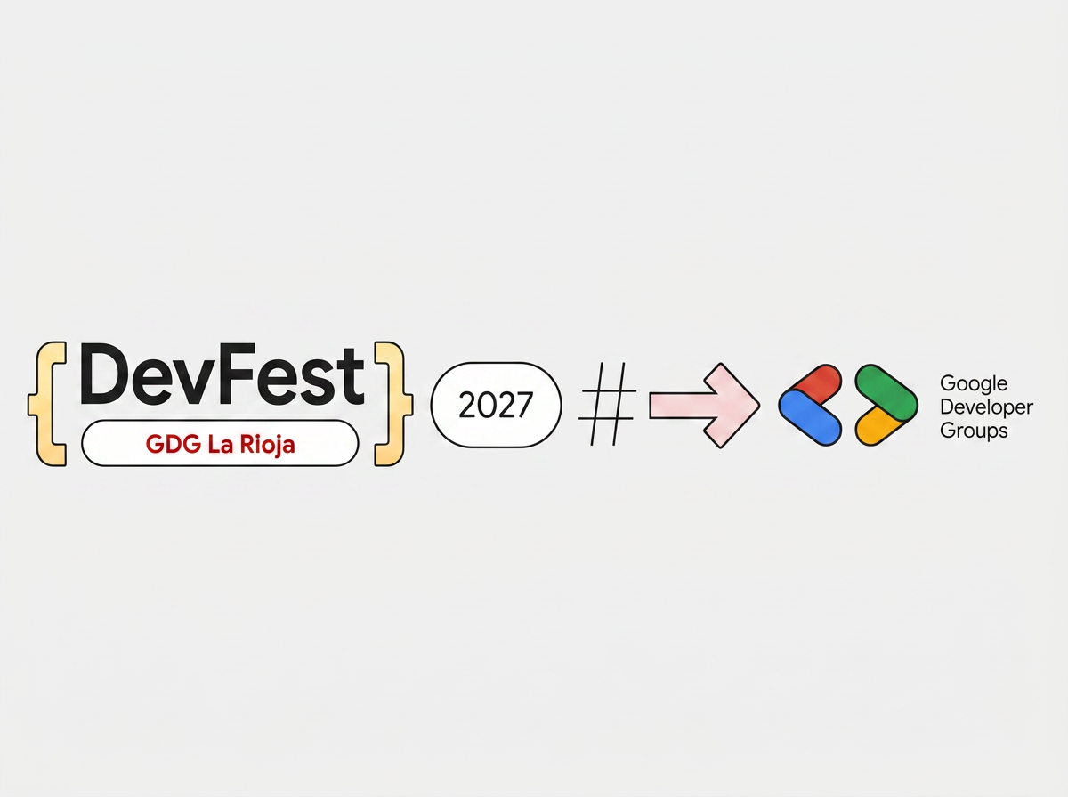 Logotipo del evento DevFest 2027 con fecha, flecha y logotipo de Google Developers Groups, en español.