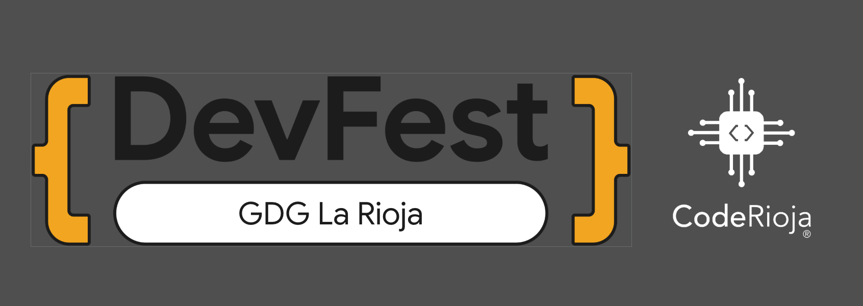 Logotipo de DevFest GDG La Rioja organizado por CodeRioja en fondo gris oscuro.
