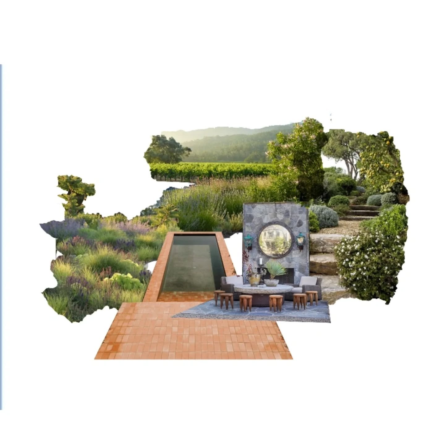 Designing for the outdoors, reflecting the Mediterranean way of living. This pool and patio design utilizes natural materials and clean lines to create a relaxed space. The terraced layout maximizes the connection to the gardens and the view of Labro