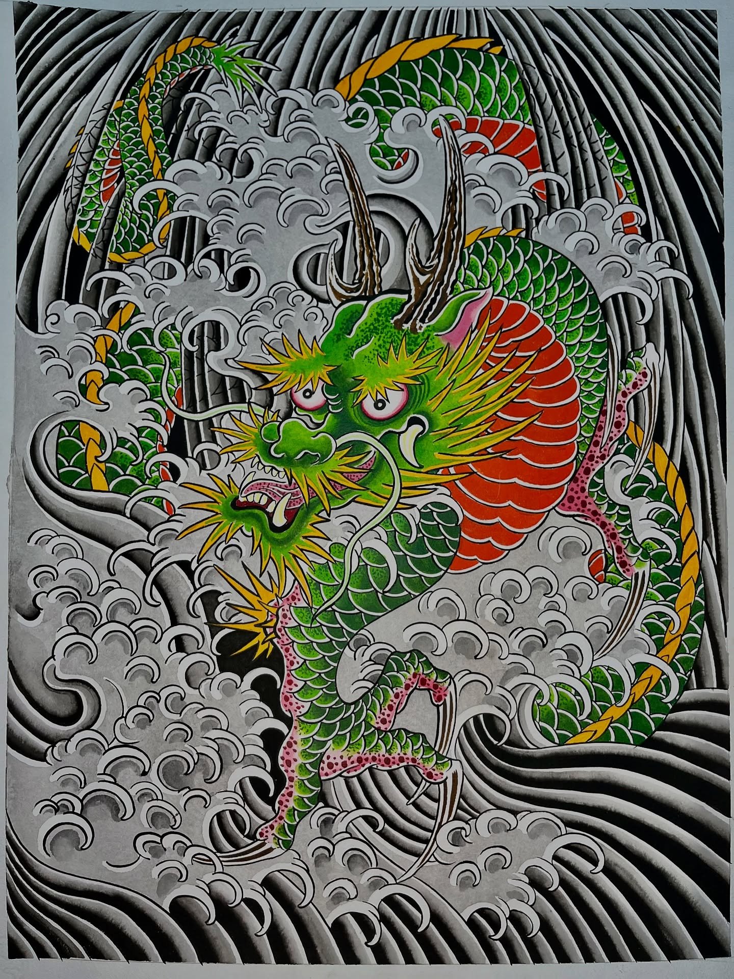 A dragon breaking through the sea. Prints will be available. DM if you’re interested in getting one
.
.
.
#japaneseart #irezumi #irezumicollective #irezumiart #tattooart #wabori #japanesedragon #ryu #ryujin