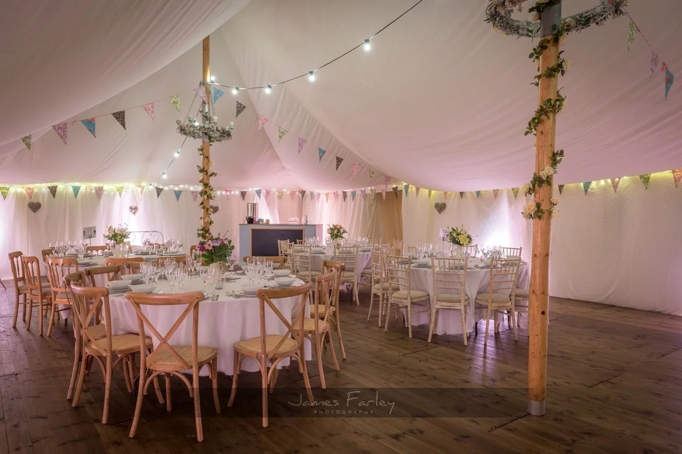 Small marquee with linen roof lining and walls