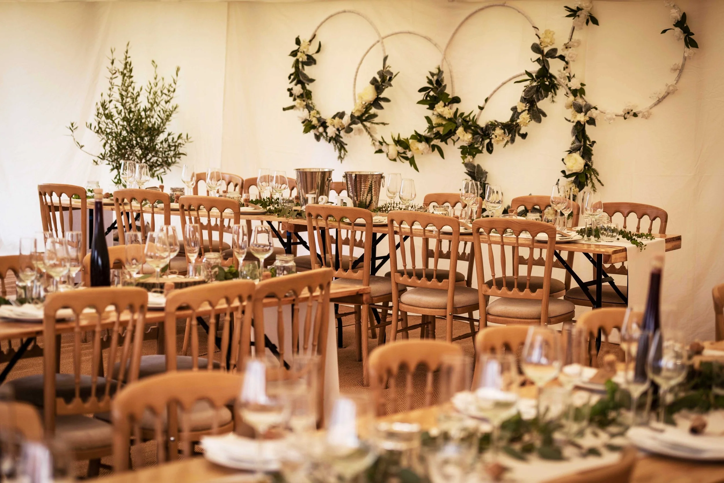 Country chic chair setup in a posh frocks and wellies marquee