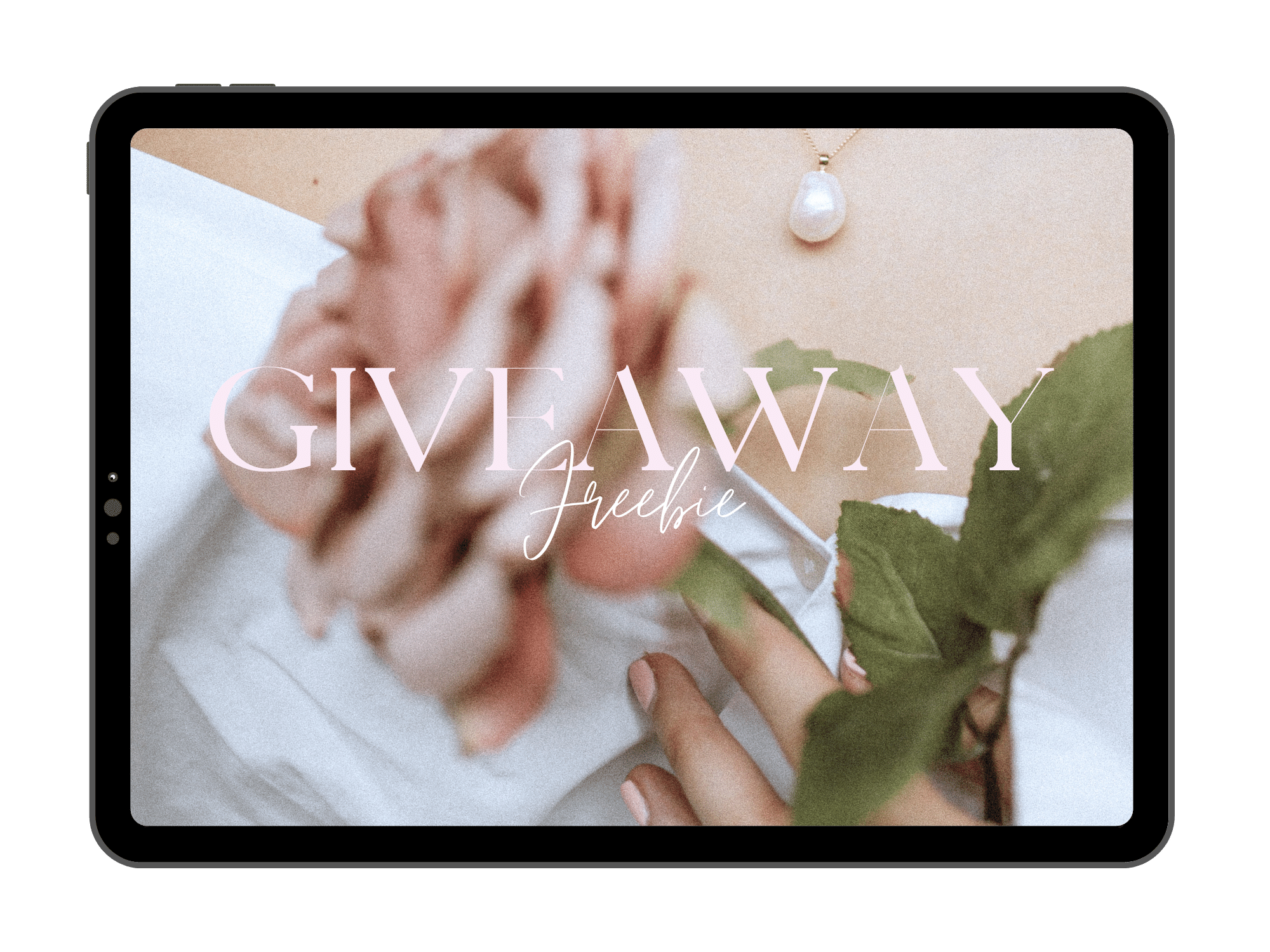 Tablet screen displays promotional image for a giveaway, showing a person holding a rose and wearing a pearl necklace with the text 'GIVEAWAY Freebie' in pink stylish font.