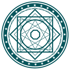 Geometric drawing of an outline square with sections divided by vertical, horizontal, and circle lines.