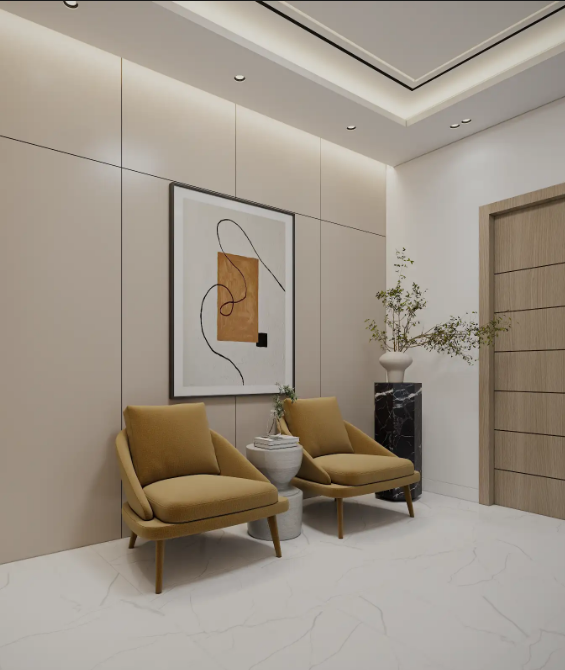 Modern interior space with two tan armchairs, abstract artwork on the wall, white vases, and a potted plant on a black marble pedestal.