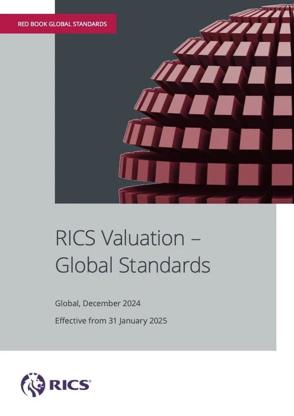 Cover page of a publication titled "RICS Valuation – Global Standards" with a red rectangular banner at the top that reads "Red Book Global Standards." The cover features a 3D red geometric shape on a dark background, with RICS logo at the bottom.