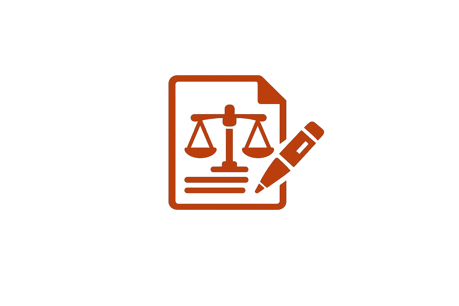 A digital icon showing a document with legal scales, accompanied by a pencil, symbolizing legal or regulatory documentation.