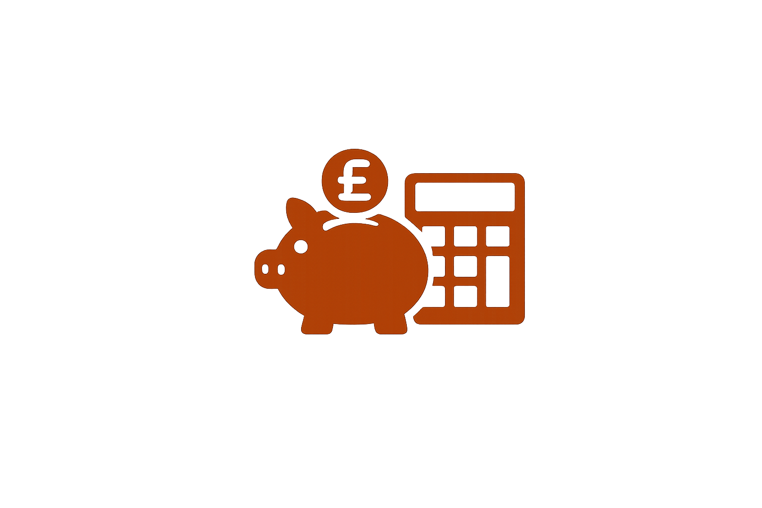 Icon of a piggy bank with a British pound symbol, a calculator, and a coin, representing financial savings or budgeting.