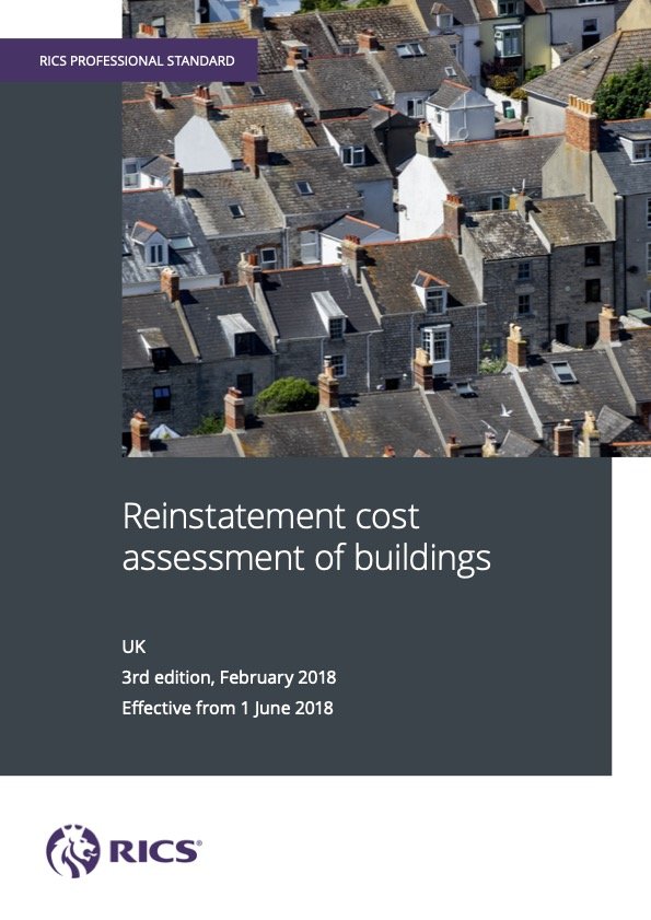 Cover page of a booklet titled 'Reinstatement cost assessment of buildings.' It features an aerial photograph of a dense cluster of rooftops in a residential area, with chimneys and dormer windows, and has the RICS logo at the bottom.