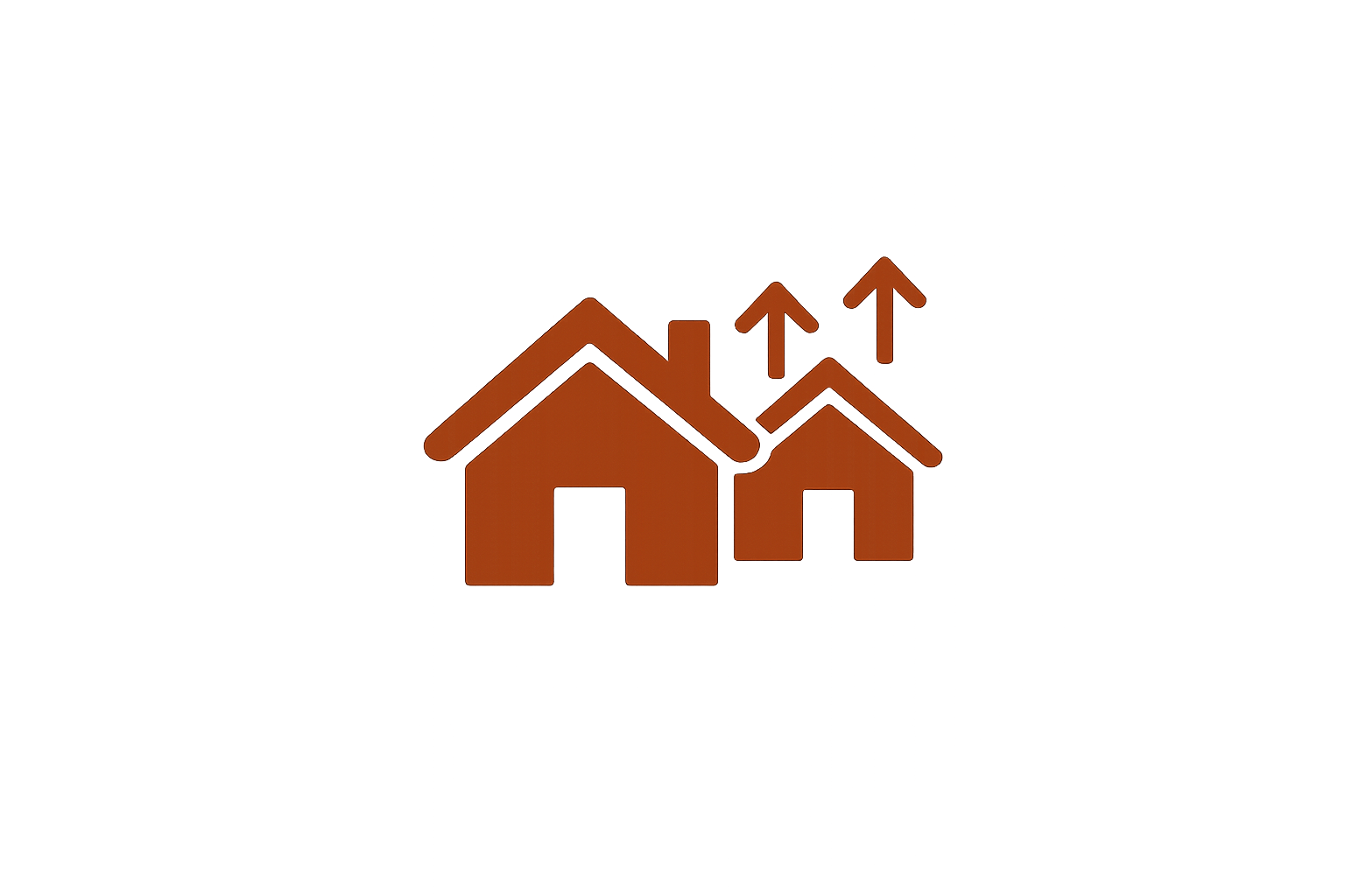 Illustration of two houses with upward arrows indicating rising property value or real estate market growth.