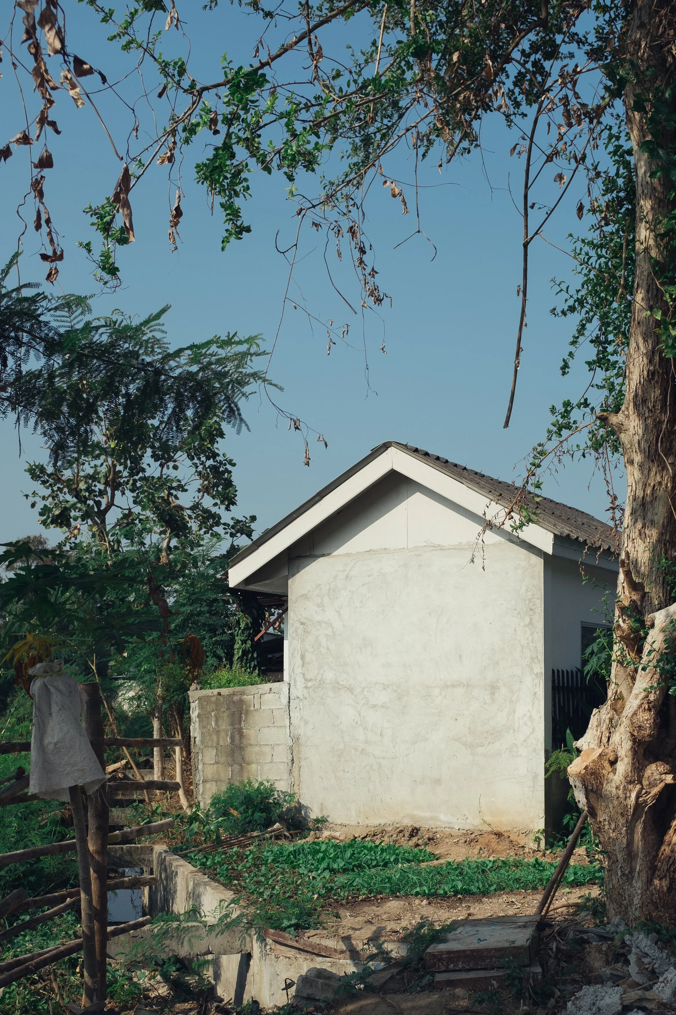 A small, simple house with a sloped roof, white exterior walls, and a partially visible window, surrounded by trees and greenery under a clear blue sky.