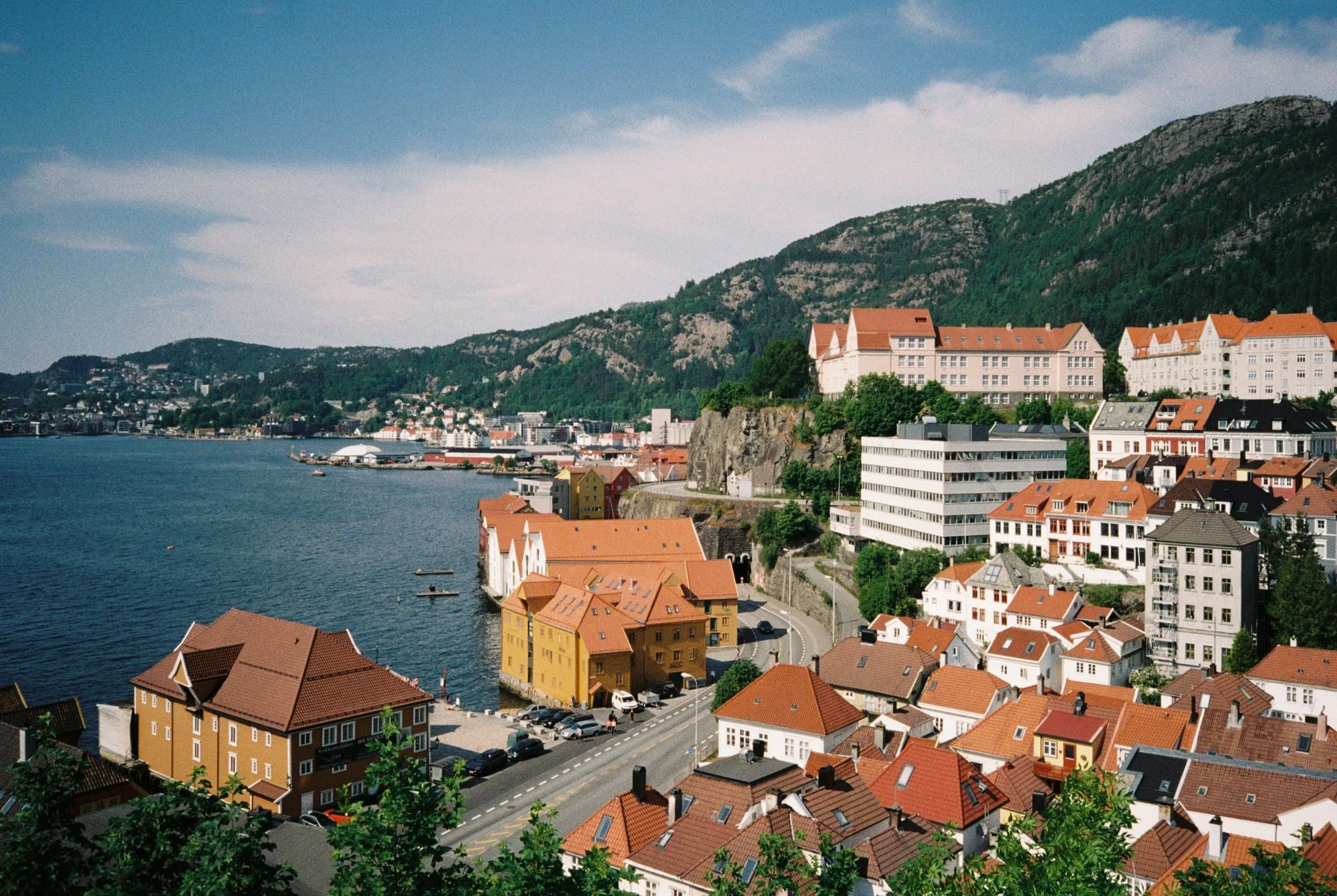 Scenic view of a coastal town with colorful buildings, a body of water, and lush green mountains in the background.