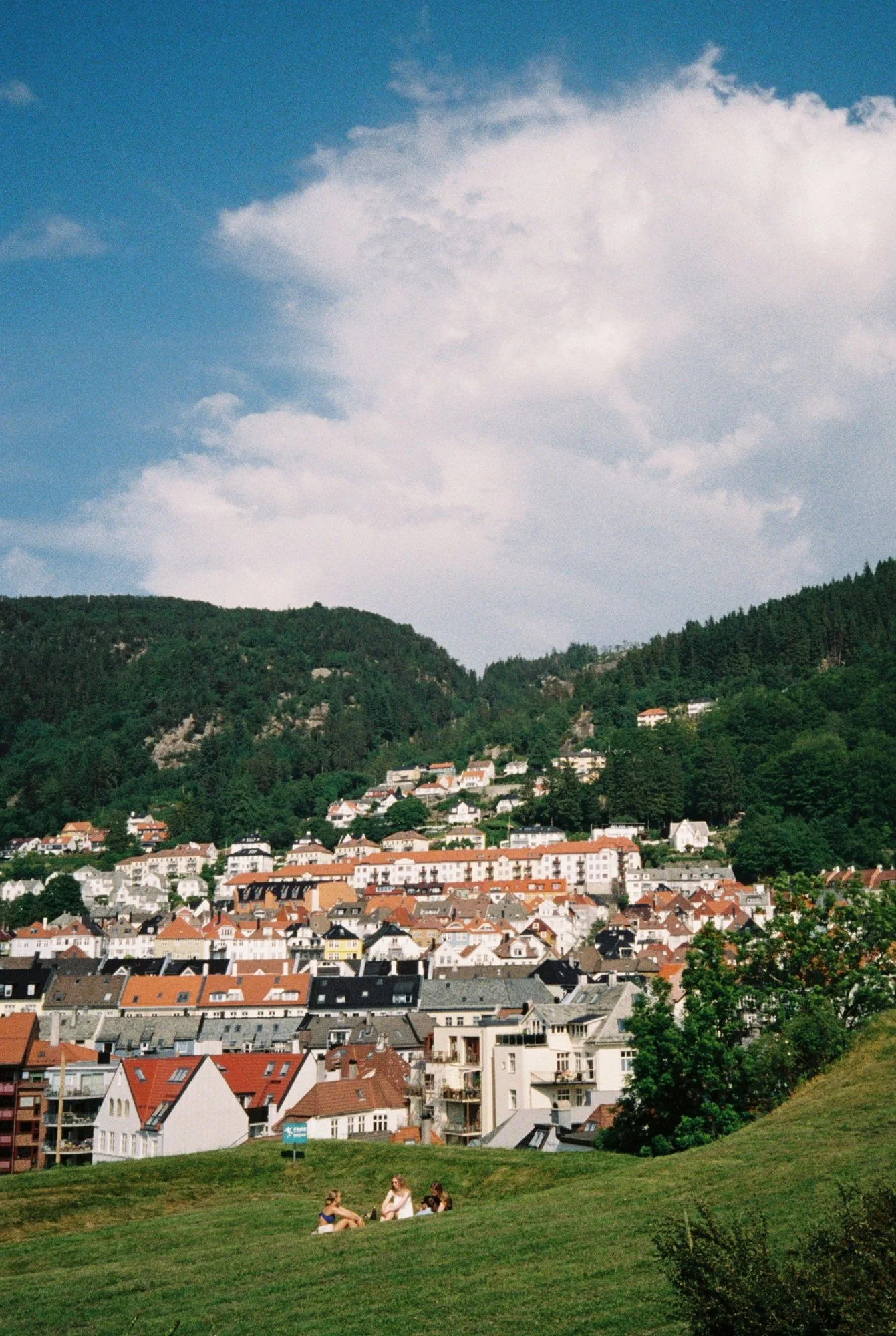 A hillside town with many white and colorful buildings with red and dark roofs, surrounded by lush green trees and hills, under a bright blue sky with fluffy clouds. People are relaxing on the grass in the foreground.