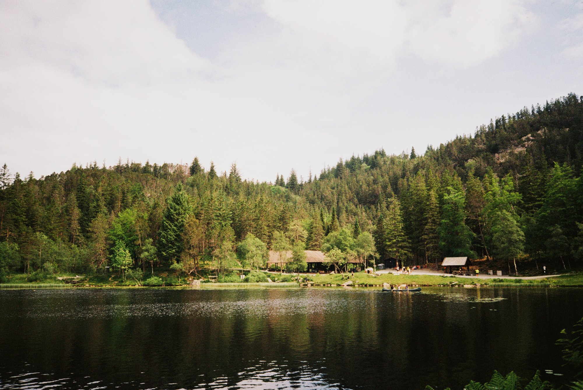 A peaceful lakeside scene with trees and mountains in the background, with a small cabin and boats on the water.