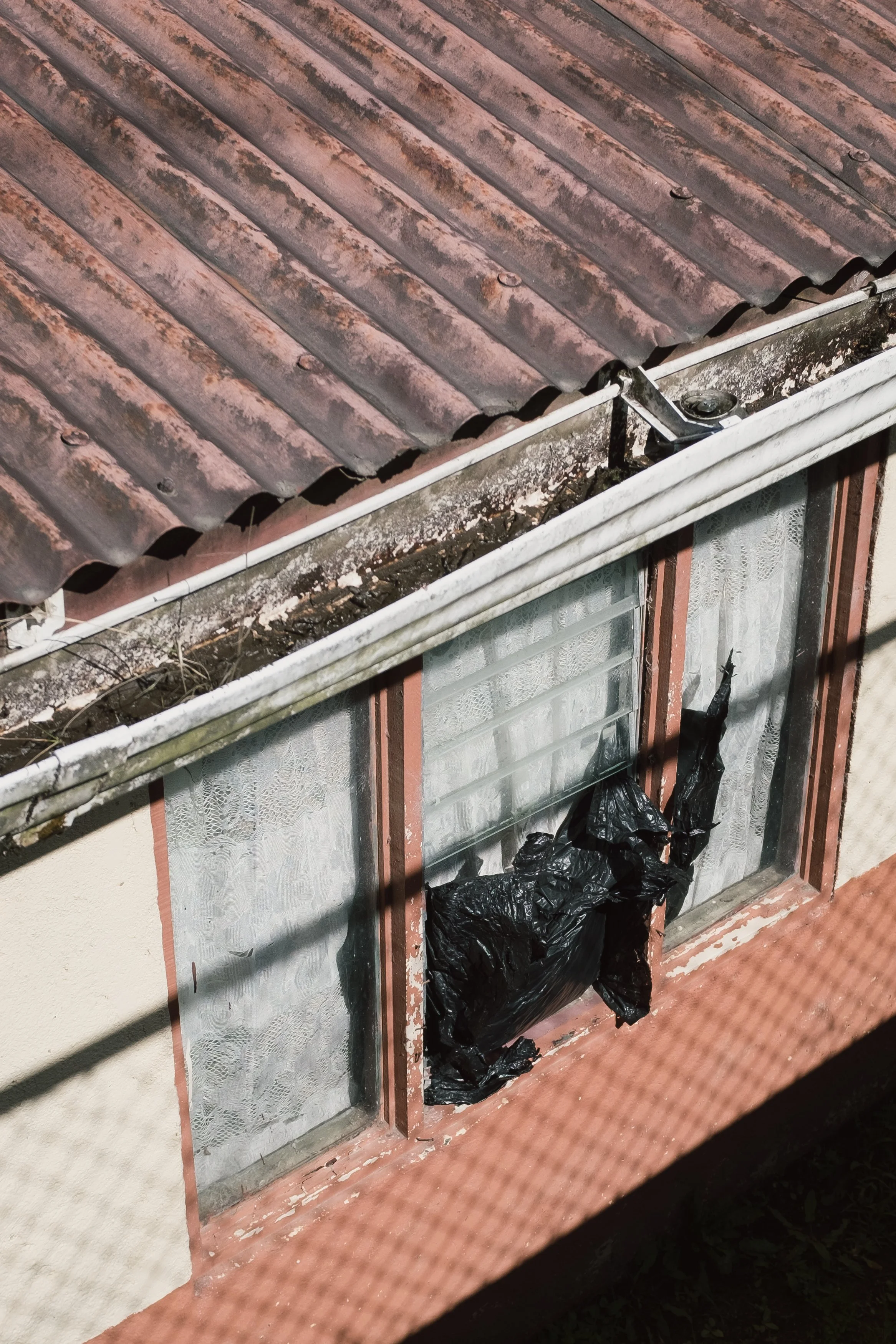 An aerial view of a building's window with lace curtains, a black trash bag hanging in front of the window, and a rooftile with some dirt and moss on it.