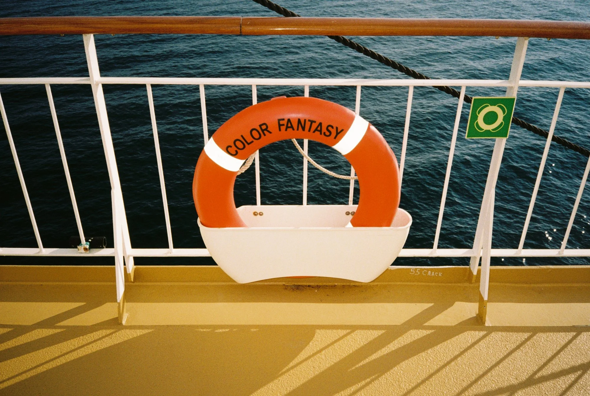 Life preserver with the words 'COLOR FANTASY' hanging on a ship's railing over the ocean.