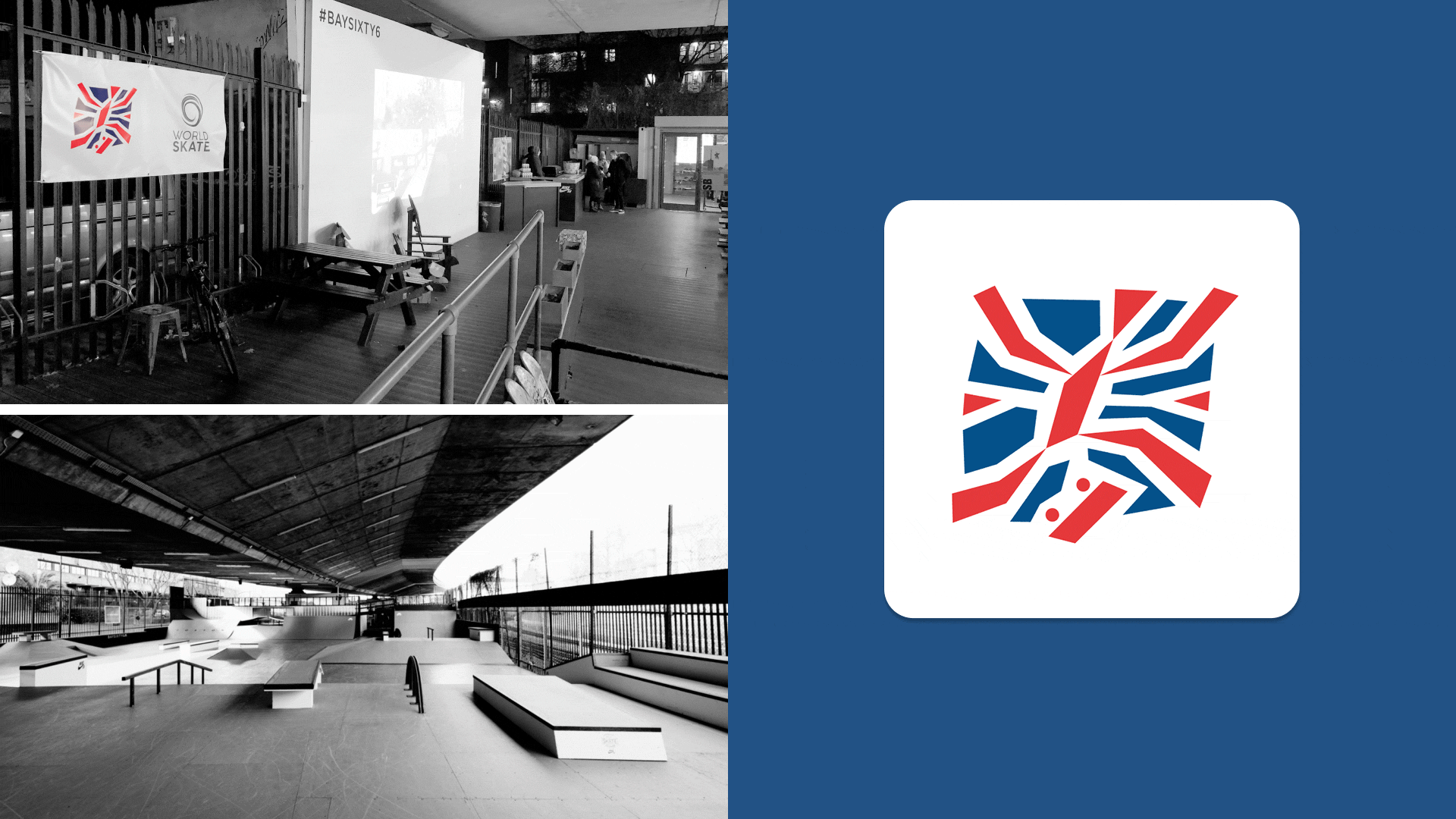 British Skateboard Federation – Introducing GB skateboarding to the Olympic games. On display at a competition at BaySixty6 skatepark, west London. Inspired by a shattered window to fit with skateboarding's counter culture origins.