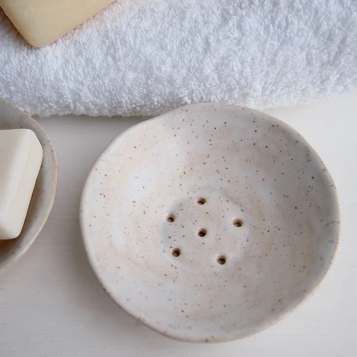 Handmade cream speckled satin mini ceramic soap dish.jpeg