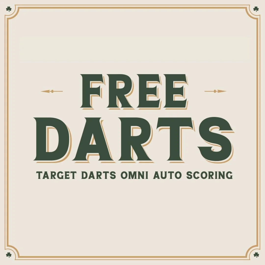 A sign advertising free darts at Target Darts OMNI auto scoring with a vintage design and shamrock accents in the corners.