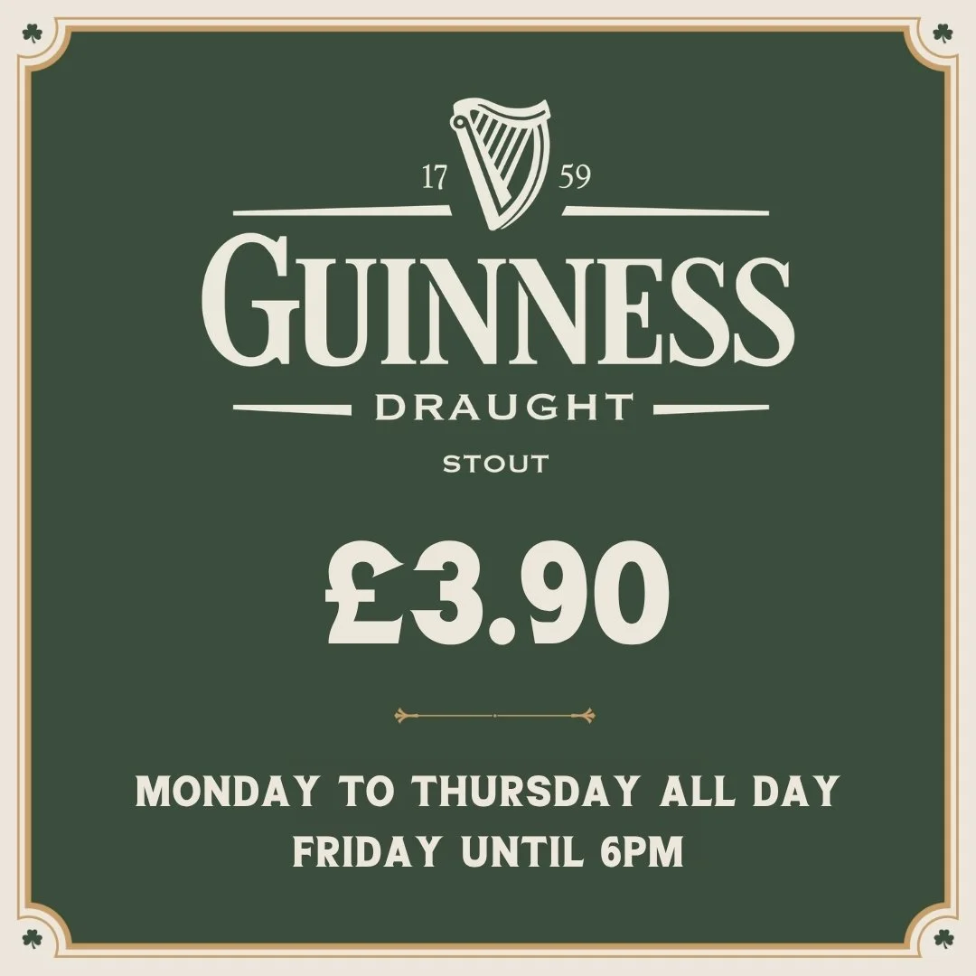 A promotional sign for Guinness Draught Stout, priced at £3.90. The offer is available from Monday to Thursday all day and on Friday until 6 PM.