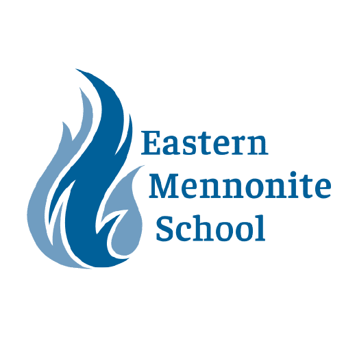 Eastern Mennonite School logo featuring a stylized blue flame and the school's name in blue text.