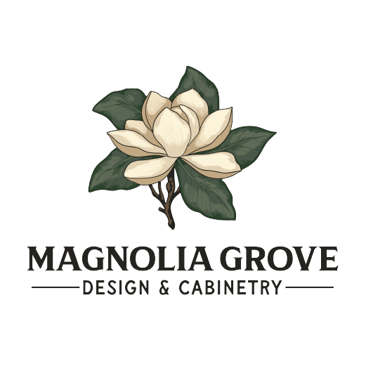 A logo with a large cream-colored magnolia flower and dark green leaves above the text 'Magnolia Grove' in bold, with 'Design & Cabinetry' underneath