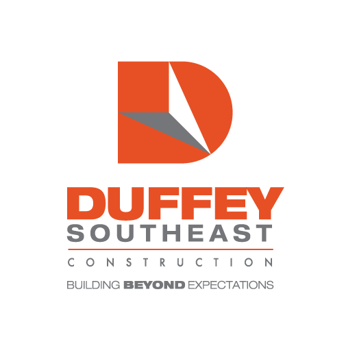 Logo for Duffy Southeast Construction with a stylized orange and white geometric shape above the company name, and the slogan 'Building Beyond Expectations' below.