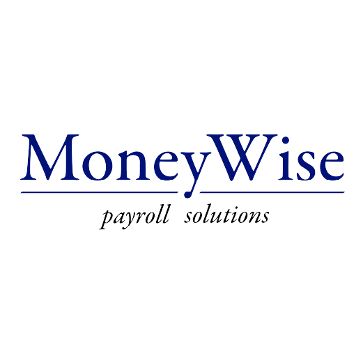 Logo for MoneyWise payroll solutions with blue text and a gray underline.