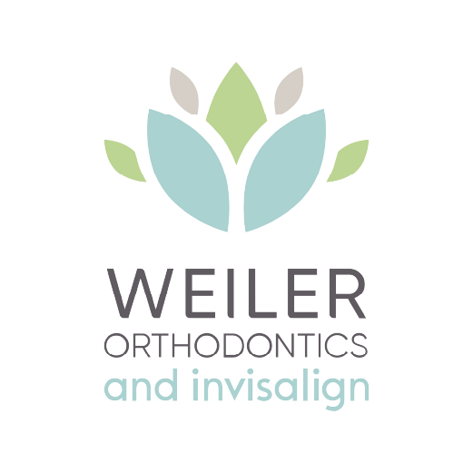 Logo for Weiler Orthodontics and Invisalign featuring a stylized floral design with green, blue, and gray leaves and the clinic's name.