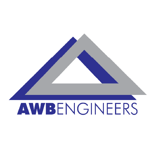 Logo of AWB Engineers featuring a stylized triangular design in shades of blue and gray with the company name beneath.