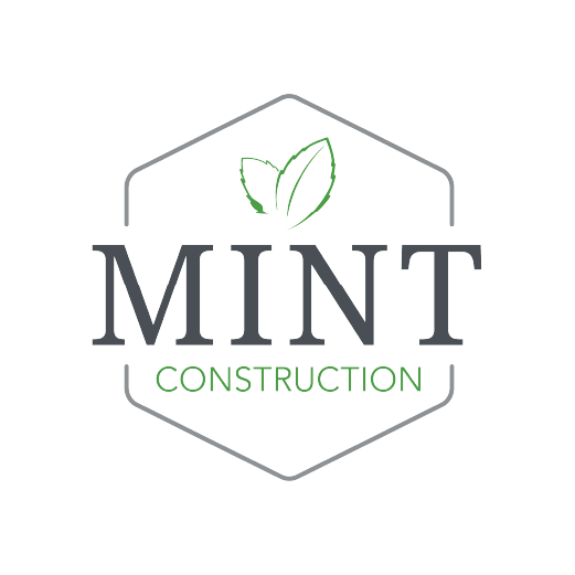 Logo for Mint Construction with a leaf icon above the text 'MINT' and 'CONSTRUCTION' below it.