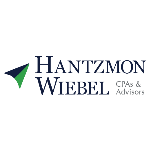 Logo for Hantzmon Wiebel CPAs & Advisors featuring a stylized paper airplane icon in blue and green colors.