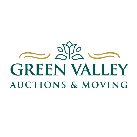 Logo for Green Valley Auctions & Moving with a stylized flower and gold lines above the text.
