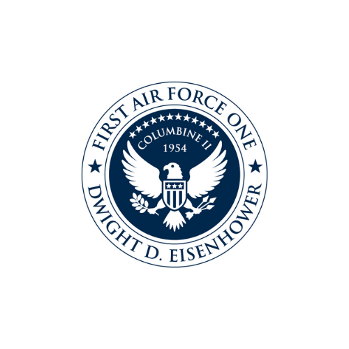 A circular emblem with a bald eagle holding olive branches and arrows, surrounded by stars and text reading "First Air Force One," "Dwight D. Eisenhower," "Columbine II," and "1954."