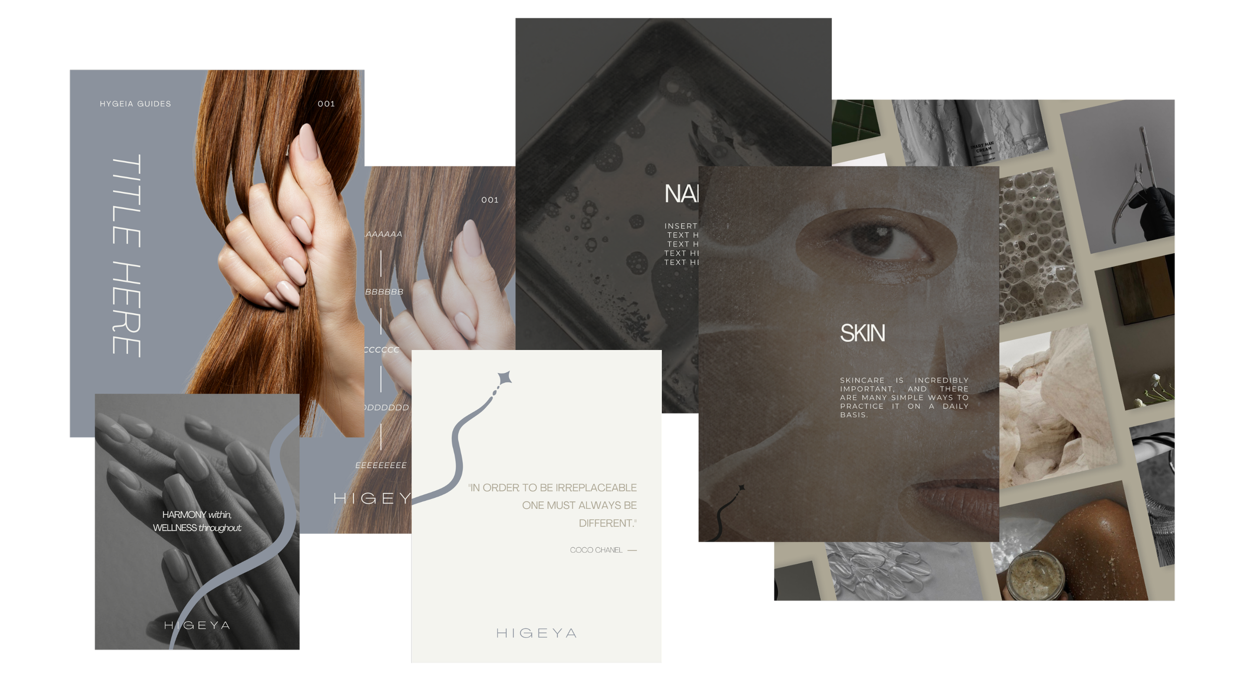 Collage of skincare and beauty images including a woman with brown hair, a close-up of a hand with manicured nails, a skincare product with a woman’s eye, natural stones, and beauty tools, with text overlays about skincare and beauty.