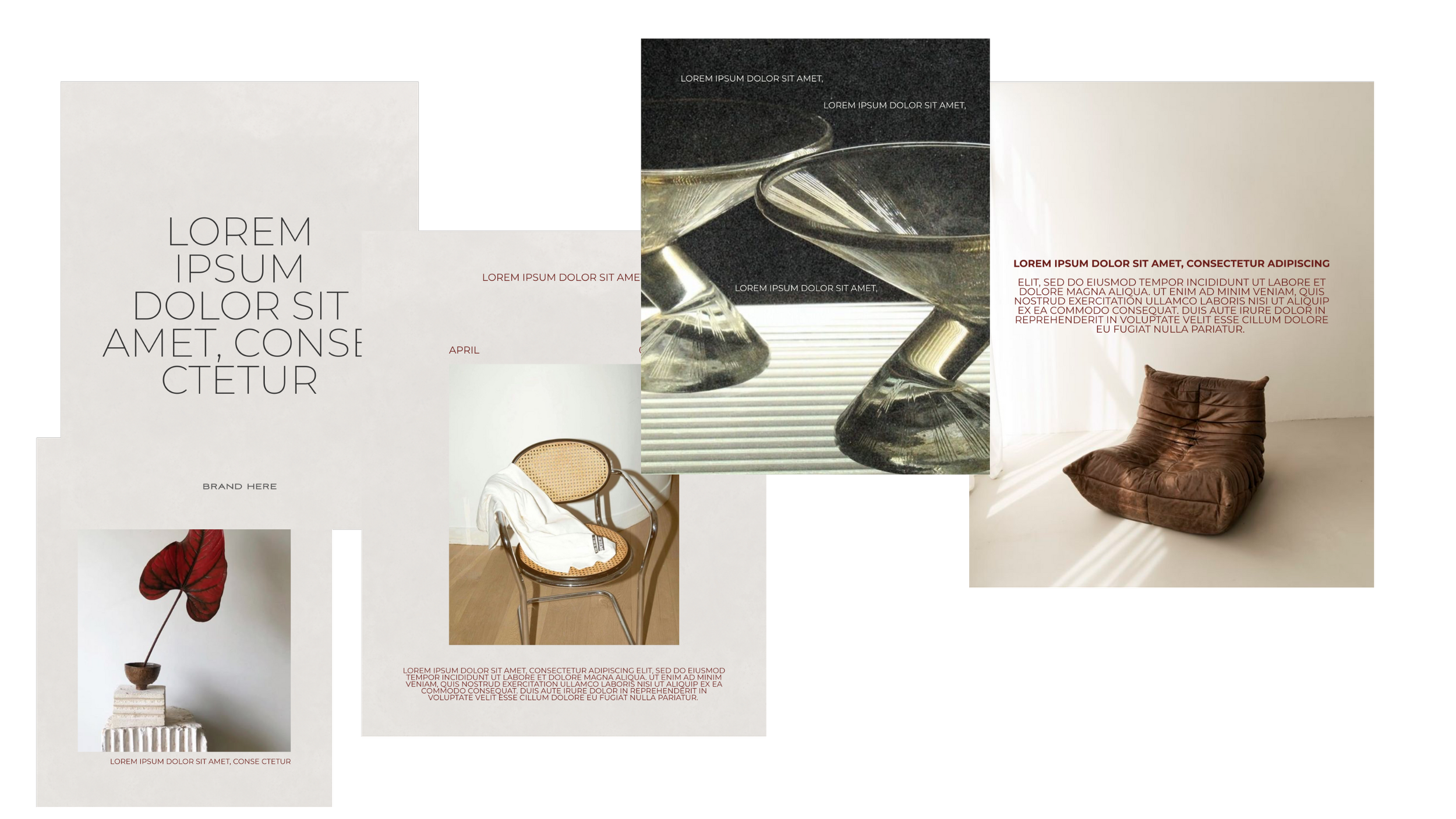 Collage of interior design decor items including a glass bowl on a gray striped surface, a brown leather lounge chair, a rattan and metal chair with a white cloth, and a red leaf sculpture on a stack of books.