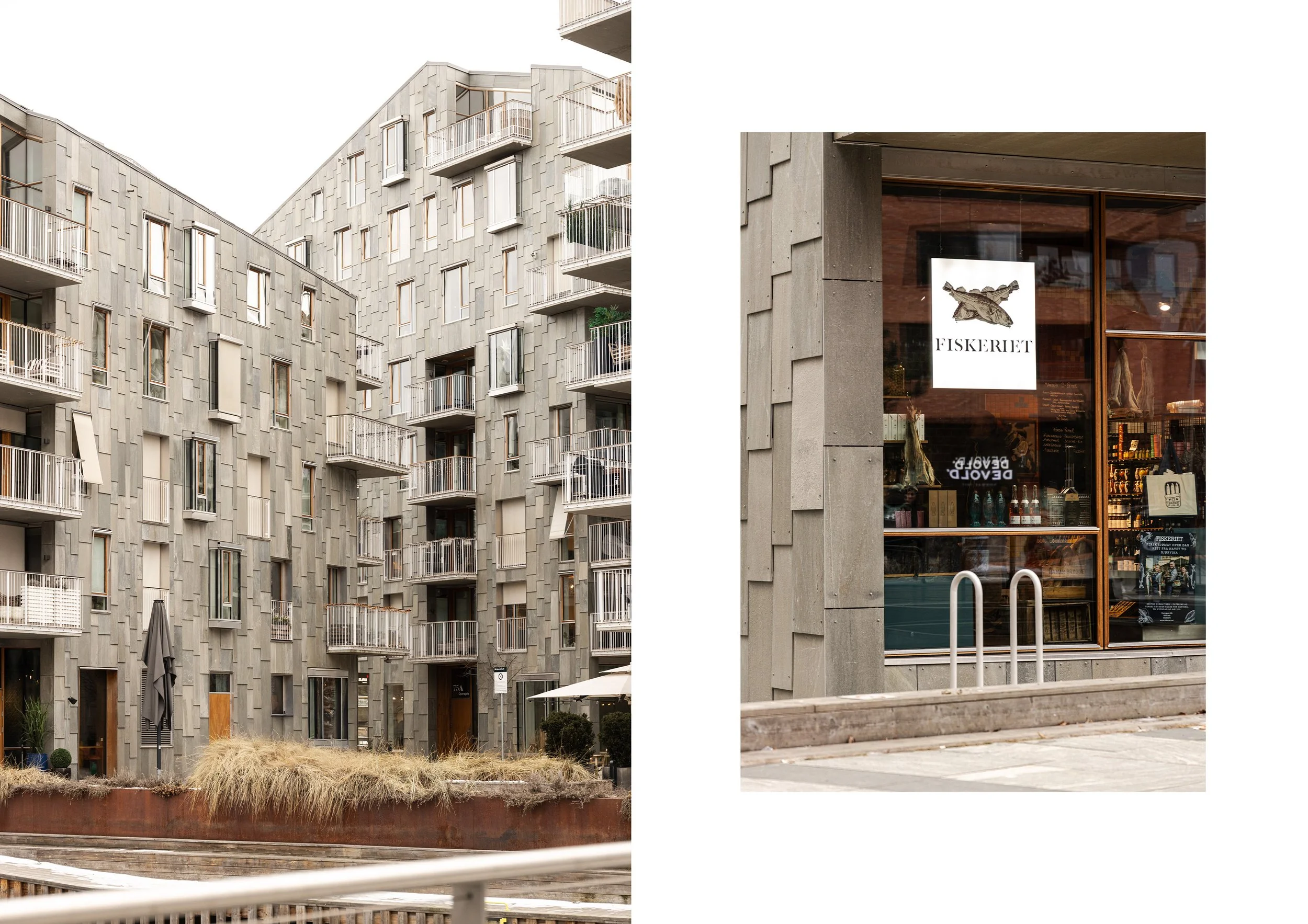 Et moderne utendørs bygg i Bjørvika med mange vinduer og balkonger, og en butikkvindu med et skilt som sier 'FISKERIET'.