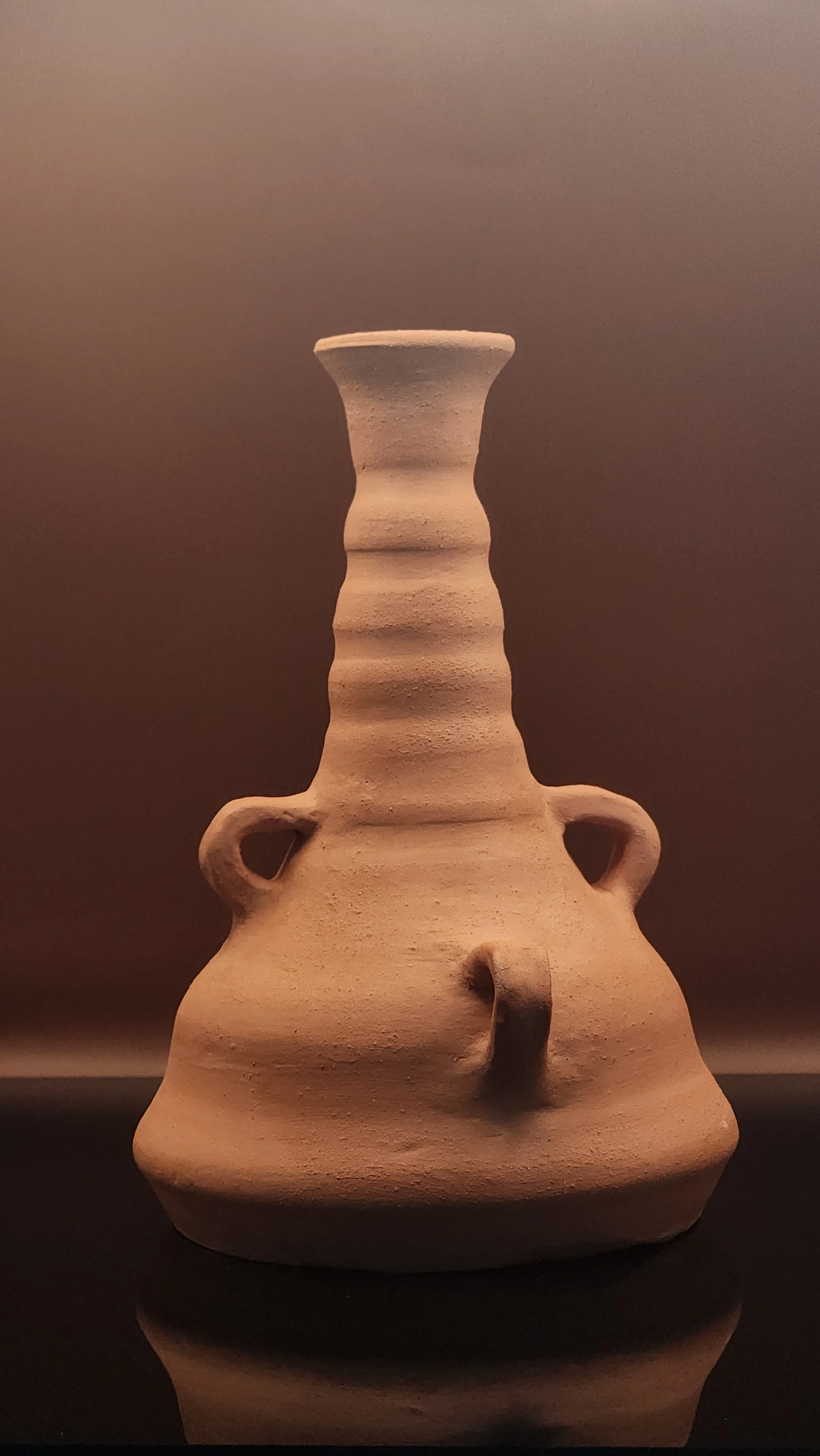 A ceramic vessel with a narrow, flared top, a wider body, and small handles on the sides, set against a dark background.