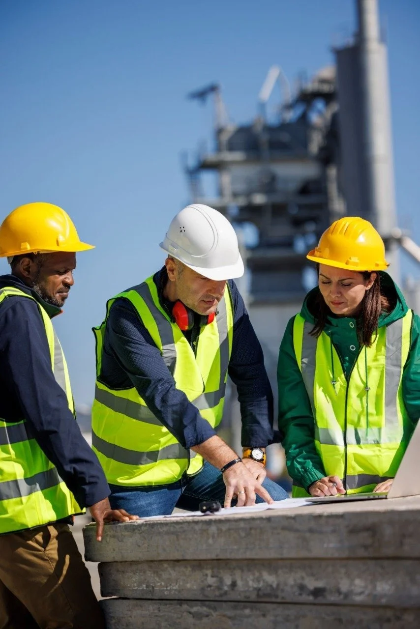 Group of construction workers wearing yellow and white safety helmets and high-visibility vests examining plans on a construction site.