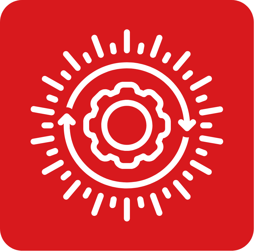 Icon of a gear surrounded by a circular arrow, with radiating lines on a red background, representing settings, refresh, or updates.