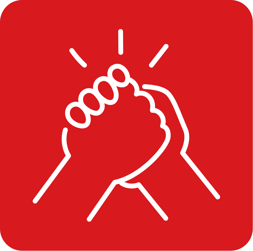 Two hands engaged in a fist bump with motion lines and burst marks indicating excitement, on a red background.