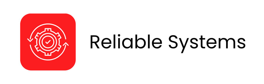 Icon of a gear with check mark and arrows, with the text 'Reliable Systems'.